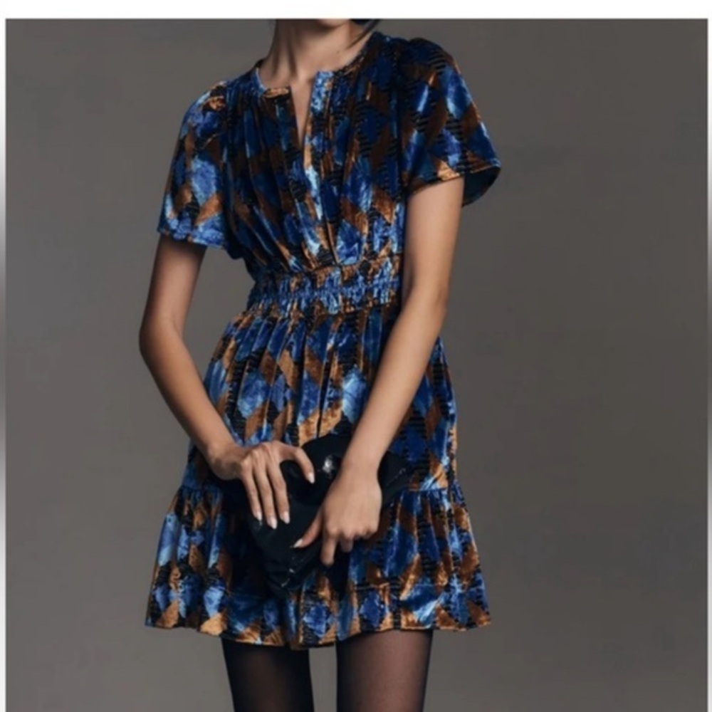 Anthropologie the Somerset Mini velvet Dress Boho dress short sleeve dress